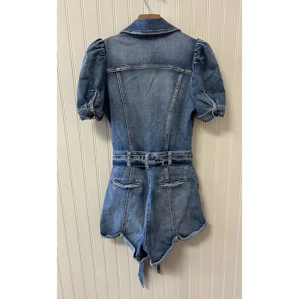 Retrofete Phoebe Blue Denim Romper Puff Sleeve Belted Size XS - Picture 5 of 7